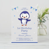 かわいいブルーペンギン第1誕生日パーティー 招待状 (スタンド正面)