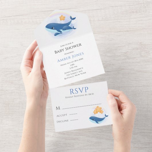 かわいいブルーホエールイエロースターベビーシャワー オールインワン招待状 (貼ってはがせる)