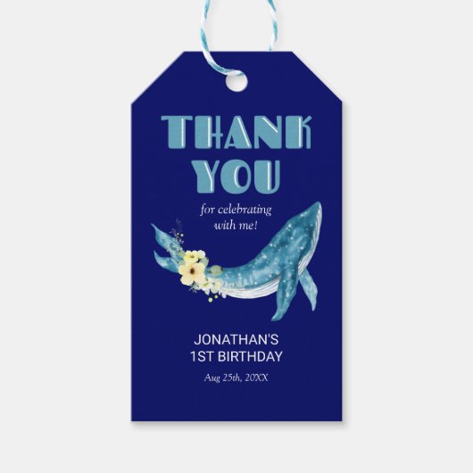 かわいいブルーホエールイエローフローラネイビーありがとう ギフトタグ (正面)