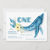 かわいいブルーホエールイエローフローラ1st誕生日パーティー 招待状 (正面)