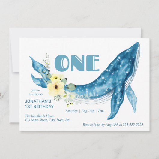 かわいいブルーホエールイエローフローラ1st誕生日パーティー 招待状 (正面)