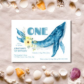 かわいいブルーホエールイエローフローラ1st誕生日パーティー 招待状