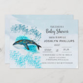 かわいいブルーホエールウォーター色ベビーシャワー招待状 (正面/裏面)