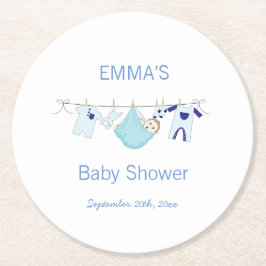 かわいいブルーボーイイラストレーション物干し洗濯 ラウンドペーパーコースター