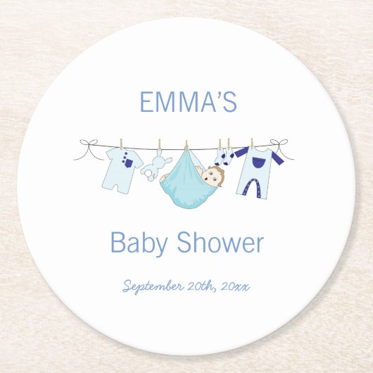 かわいいブルーボーイイラストレーション物干し洗濯 ラウンドペーパーコースター (正面)