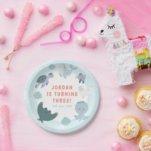 かわいいブルーボーイズザシーウォーター誕生日 ペーパープレート (パーティー)