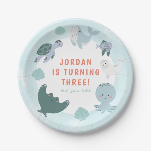 かわいいブルーボーイズザシーウォーター誕生日 ペーパープレート (正面)