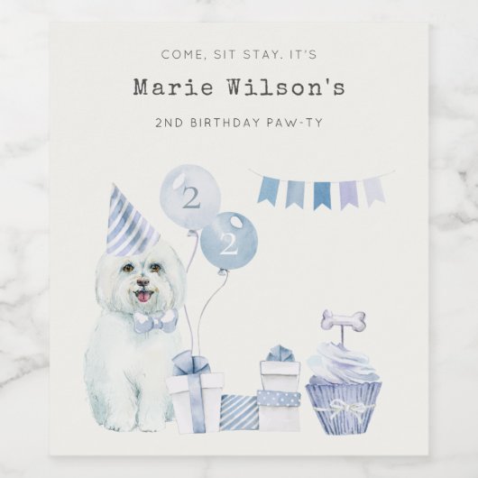 かわいいブルーボーイズパーティー子犬の任意の年齢誕生日 ワインラベル (シングルラベル)