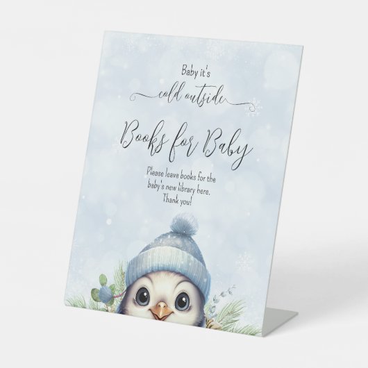 かわいいブルーボーイペンギン冬の赤ちゃんシャワー 台座サイン (正面)