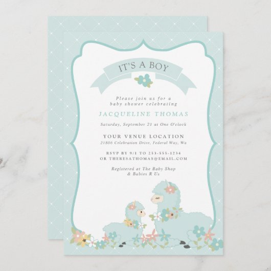 かわいいブルーボーイラマ赤ちゃんシャワー 招待状 (正面/裏面)