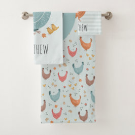 かわいいブルーモノグラムチキンファームのパターンキッズ バスタオルセット