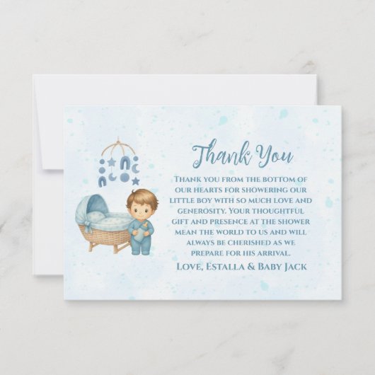 かわいいブルーモバイルクリブベビーコットベビーシャワー サンキューカード (正面)