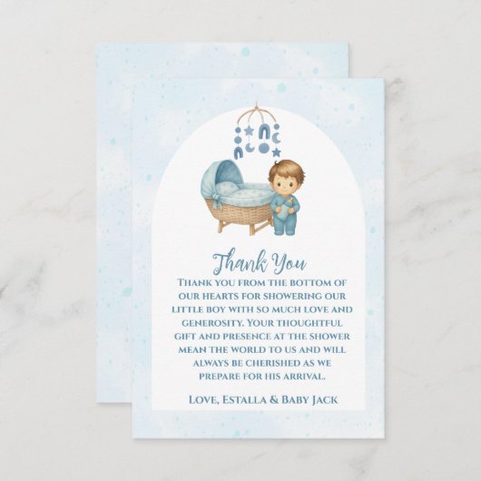 かわいいブルーモバイルクリブベビーコットベビーシャワー サンキューカード (正面/裏面)