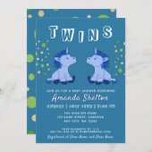 かわいいブルーユニコーン双子2男の子の赤ちゃんシャワー 招待状 (正面/裏面)