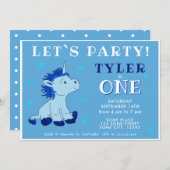 かわいいブルーユニコーン1歳の誕生日パーティー 招待状 (正面/裏面)