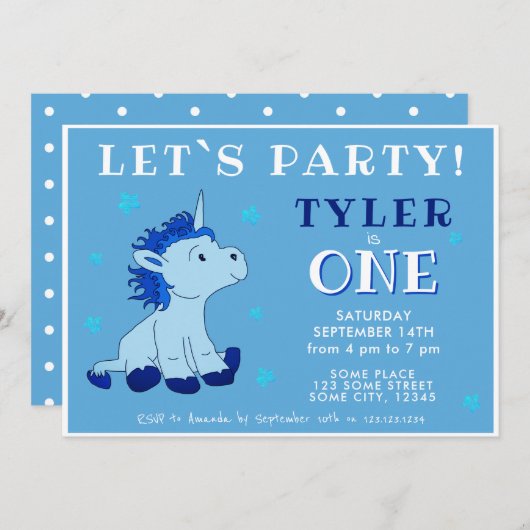 かわいいブルーユニコーン1歳の誕生日パーティー 招待状 (正面/裏面)