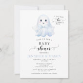 かわいいブルーリトルブー幽霊ボウタイ男の赤ちゃんシャワー 招待状 (正面)