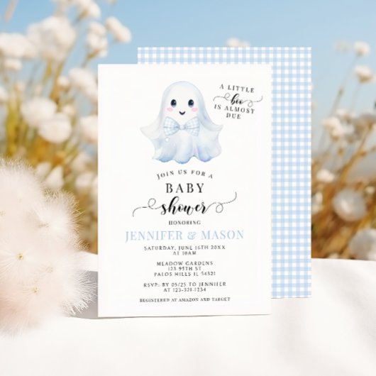 かわいいブルーリトルブー幽霊ボウタイ男の赤ちゃんシャワー 招待状