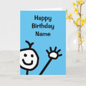 かわいいブルーリトル笑顔顔なびく誕生日 カード (黄色い花)