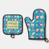 かわいいブルーレトロティーカップハートバードパターン 鍋つかみ&鍋敷きセット (正面)