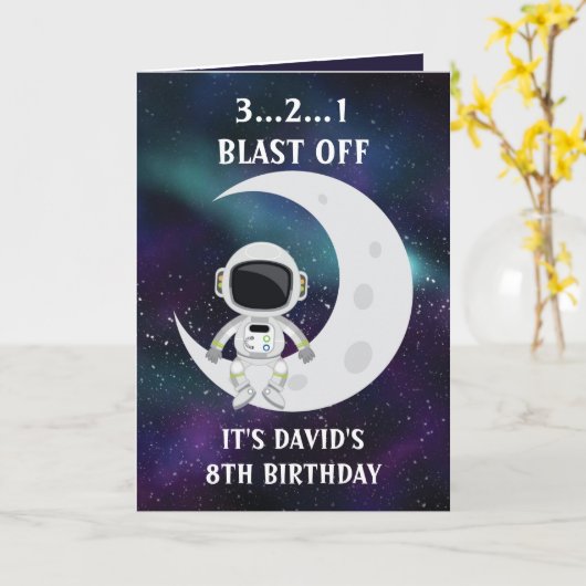 かわいいブルー宇宙宇宙飛行士ムーン8誕生日 カード (黄色い花)