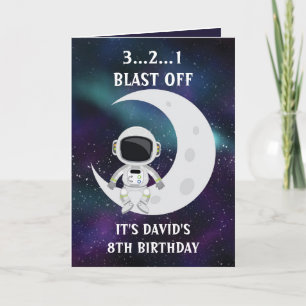 かわいいブルー宇宙宇宙飛行士ムーン8誕生日 カード