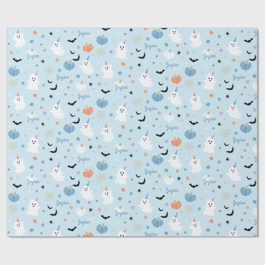 かわいいブルー幽霊ハロウィンパーソナライズされた名付き ラッピングペーパー (フラット)