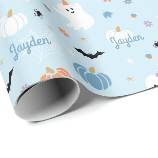 かわいいブルー幽霊ハロウィンパーソナライズされた名付き ラッピングペーパー (ロールコーナー)