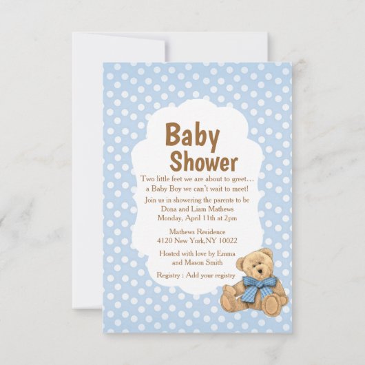 かわいいブルー水玉模様ベビーシャワー招待状 招待状 (裏面)