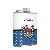 かわいいブルー水玉模様レッドローズシェブロンボウと名前 フラスク (右)