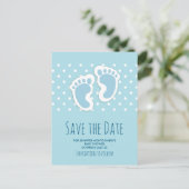 かわいいブルー男の赤ちゃんの足スケッチ日付を保存 ポストカード (スタンド正面)