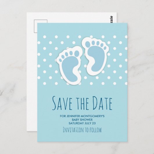 かわいいブルー男の赤ちゃんの足スケッチ日付を保存 ポストカード (正面/裏面)