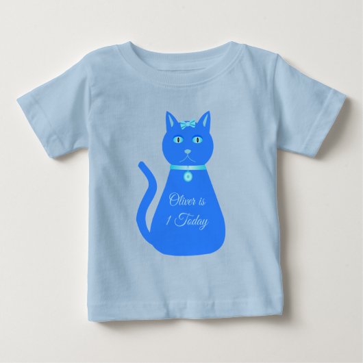 かわいいブルー男の赤ちゃんキャットカスタム1歳の誕生日 ベビーTシャツ (正面)