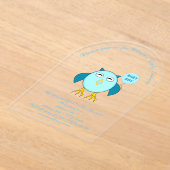 かわいいブルー男の赤ちゃんフクロウカスタムム赤ちゃんシャワーアクリル アクリル招待状 (レイダウン)