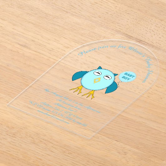 かわいいブルー男の赤ちゃんフクロウカスタムム赤ちゃんシャワーアクリル アクリル招待状 (レイダウン)