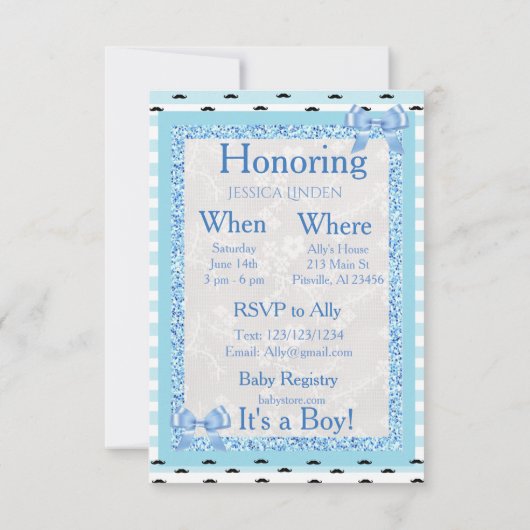 かわいいブルー男の赤ちゃんムスタヒベビーシャワー招待状 招待状 (裏面)