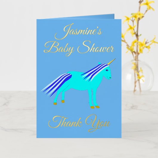 かわいいブルー男の赤ちゃんユニコーン赤ちゃんシャワーありがとう 箔グリーティングカード (黄色い花)