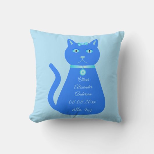かわいいブルー男の赤ちゃん猫カスタム誕生のお知らせ クッション (正面)