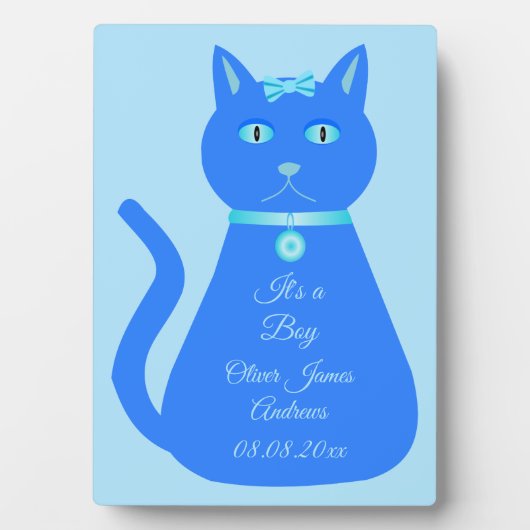 かわいいブルー男の赤ちゃん猫カスタム誕生のお知らせ フォトプラーク (正面)