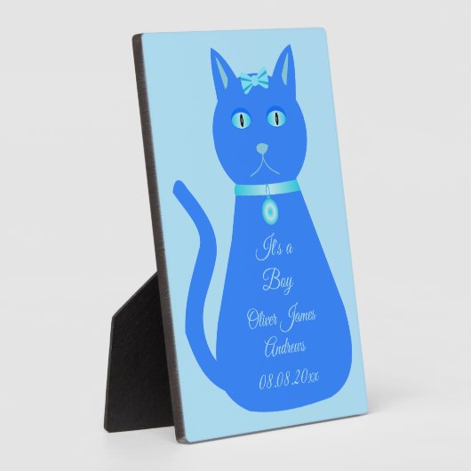 かわいいブルー男の赤ちゃん猫カスタム誕生のお知らせ フォトプラーク (側面)