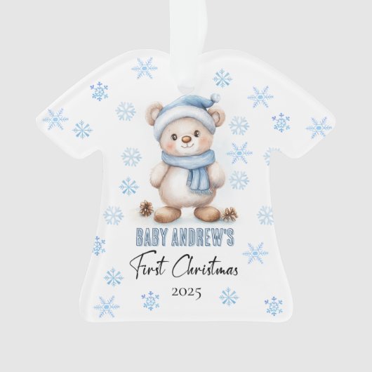 かわいいブルー男の赤ちゃん第1回クリスマスブラウンベア オーナメント (正面)