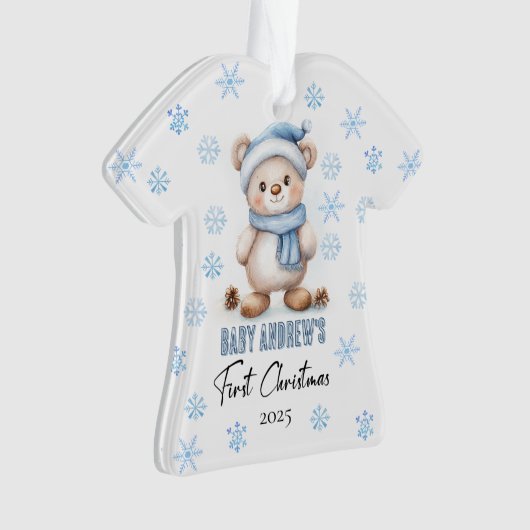 かわいいブルー男の赤ちゃん第1回クリスマスブラウンベア オーナメント (正面)