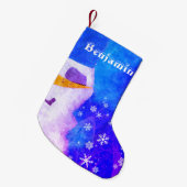 かわいいブルー雪だるまと雪片キッズ スモールクリスマスストッキング (正面 (吊り時))