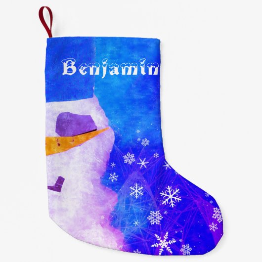 かわいいブルー雪だるまと雪片キッズ スモールクリスマスストッキング (正面)