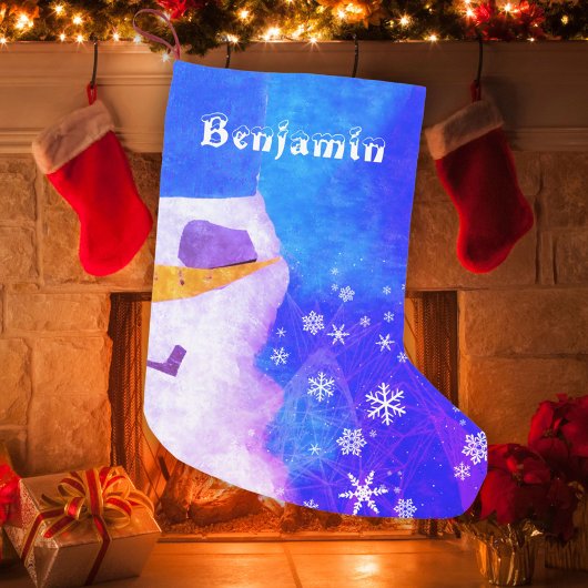 かわいいブルー雪だるまと雪片キッズ スモールクリスマスストッキング