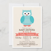 かわいいブルー&コーラルフクロウ赤ちゃんシャワーまたは散水 招待状 (正面)