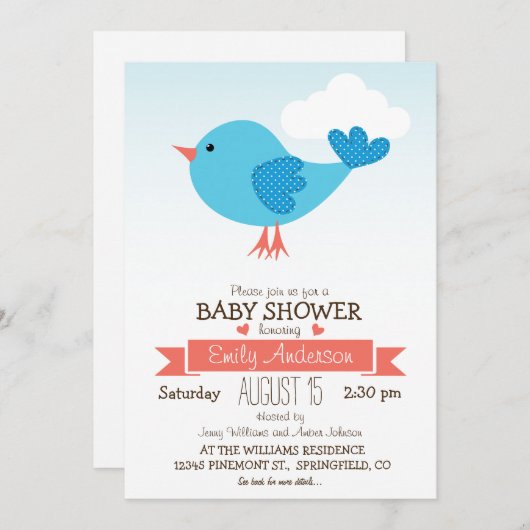 かわいいブルー&コーラル鳥のベビーシャワーまたはスプリンクラー 招待状 (正面/裏面)