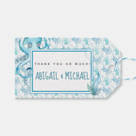 かわいいブルー&ティール（緑がかった色）タコベビーシャワーメッセージカード ギフトタグ