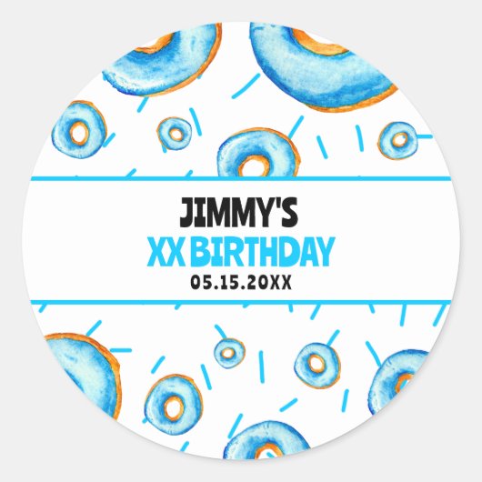 かわいいブルー&ホワイトウォーターカラードーナツボーイ誕生日 ラウンドシール (正面)