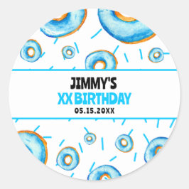 かわいいブルー&ホワイトウォーターカラードーナツボーイ誕生日 ラウンドシール